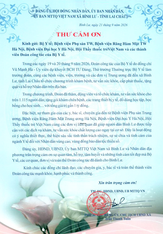 BỆNH VIỆN RĂNG HÀM MẶT TRUNG ƯƠNG HÀ NỘI NHẬN THƯ CẢM ƠN TỪ CHÍNH QUYỀN VÀ NHÂN DÂN XÃ BÌNH LƯ, TỈNH LAI CHÂU 